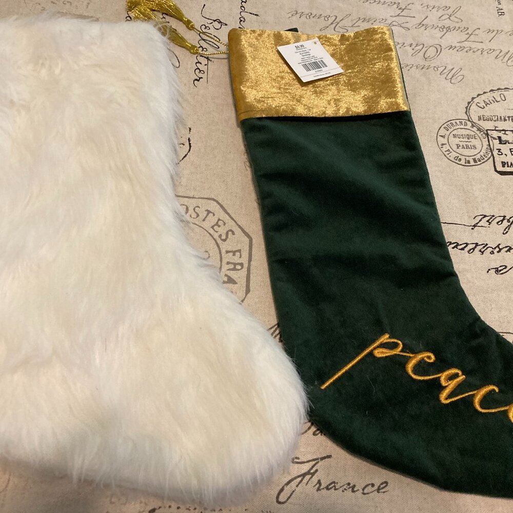 Hobby Lobby Christmas Stockings 1 White Fuzzy Stocking/1 Dark Green/Gold NWT